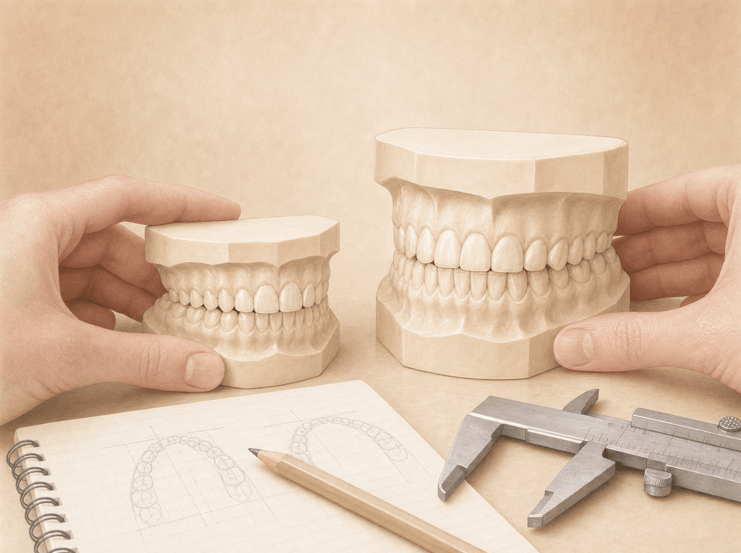 An orthodontist comparing two study models of a child's developing bite at different ages with measurement notes (pre-orthodontic growth-monitoring exam), warm muted tones