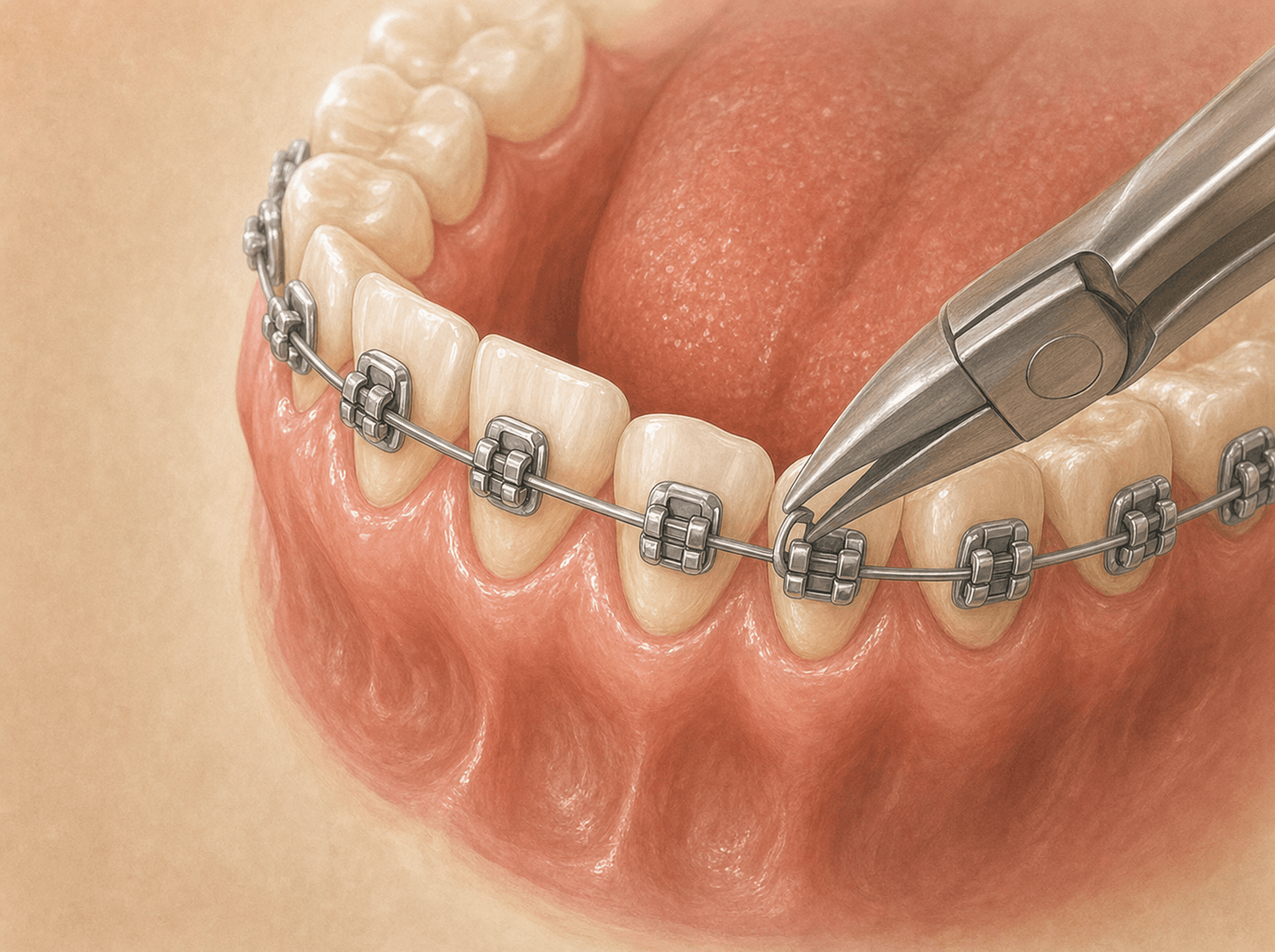 Editorial illustration of an orthodontic archwire being adjusted on a bracketed lower arch (periodic orthodontic treatment visit), warm muted tones