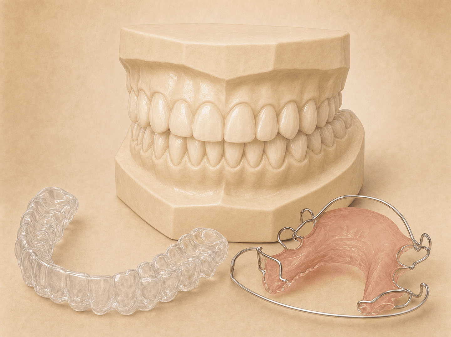 Editorial illustration of clear and wire retainers resting on a study model after braces removal (orthodontic retention), warm muted tones