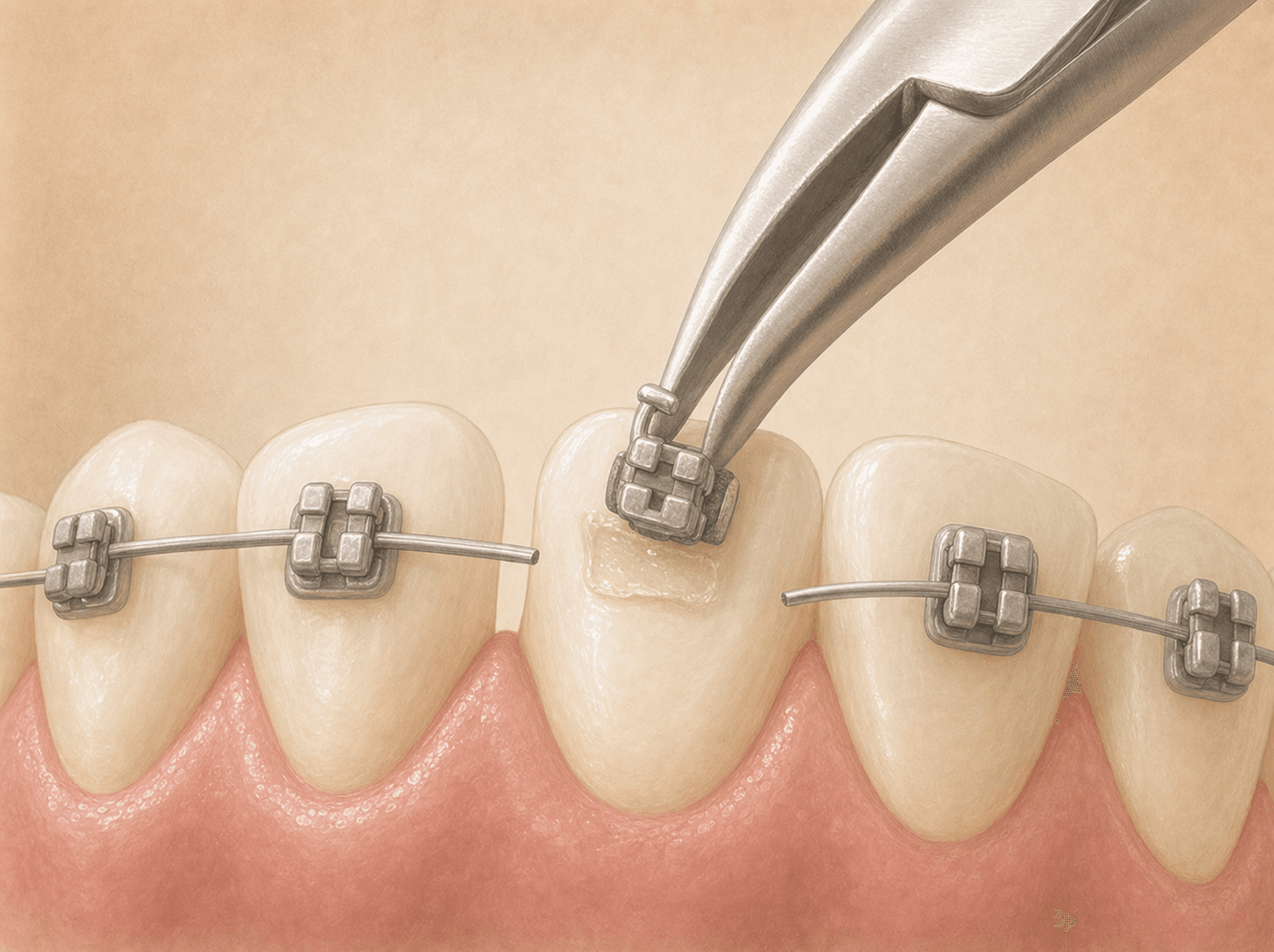 Editorial illustration of orthodontic pliers lifting a bracket off a tooth mid-treatment with the archwire partly removed (early removal of fixed orthodontic appliances), warm muted tones