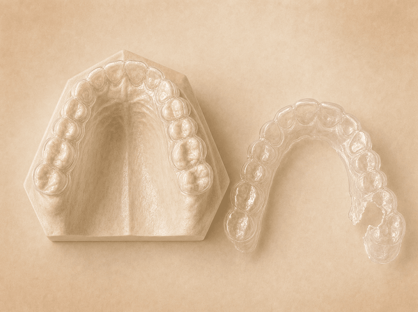 A new clear upper retainer next to a broken one on a maxillary study model (replacement of a lost or broken maxillary orthodontic retainer), warm muted tones