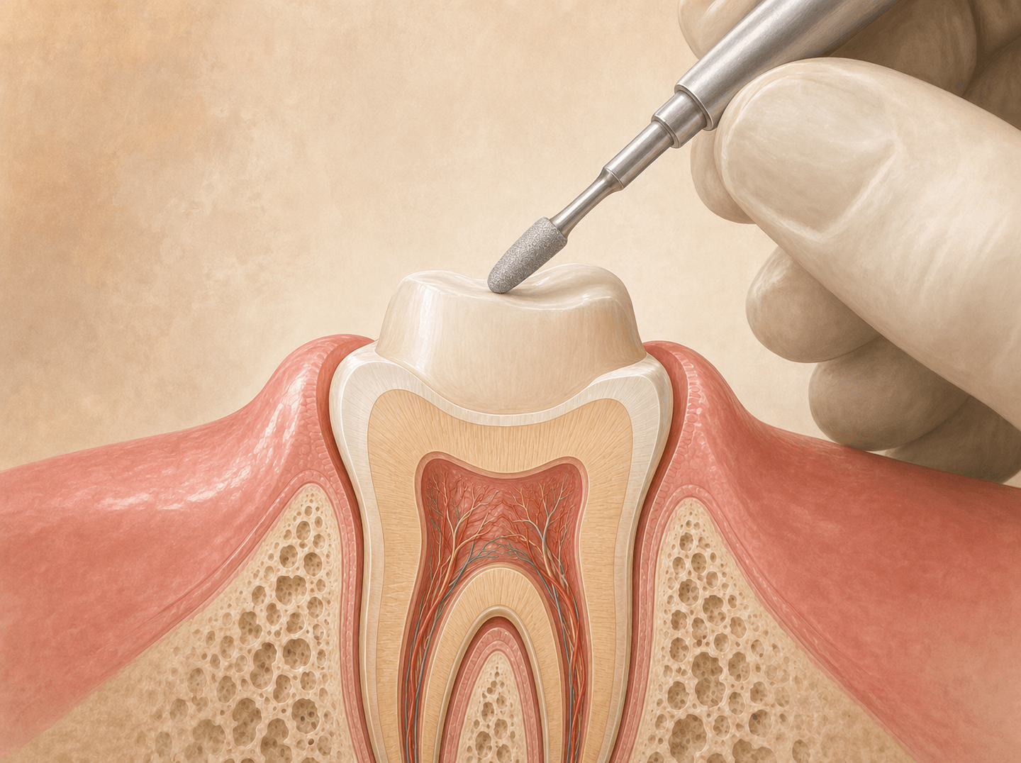 Editorial illustration of a hand smoothing the sharp fractured edge of a lower molar with a finishing bur (palliative emergency pain relief), warm muted tones