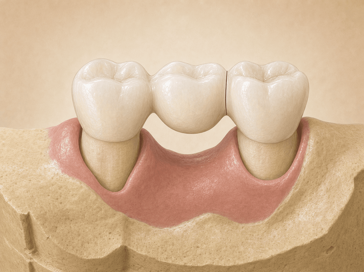 Editorial illustration of a three-unit dental bridge on a study model with a thin cut line through one solder joint between a pontic and a retainer (fixed partial denture sectioning), warm muted tones