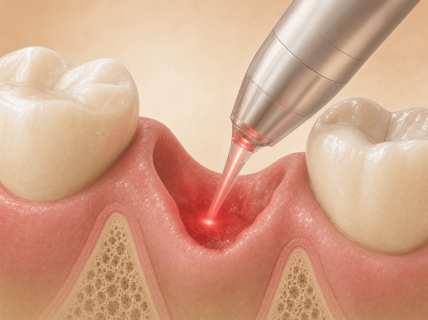 Editorial illustration of a handheld red-light laser probe (photobiomodulation device) held close to pink gum tissue at an extraction socket, a narrow red beam focused on the healing site, warm muted tones