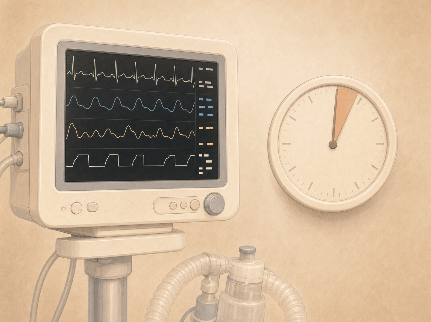 Editorial illustration of an anesthesia monitor and a clock marking the first elapsed minutes of a case (deep sedation and general anesthesia), warm muted tones