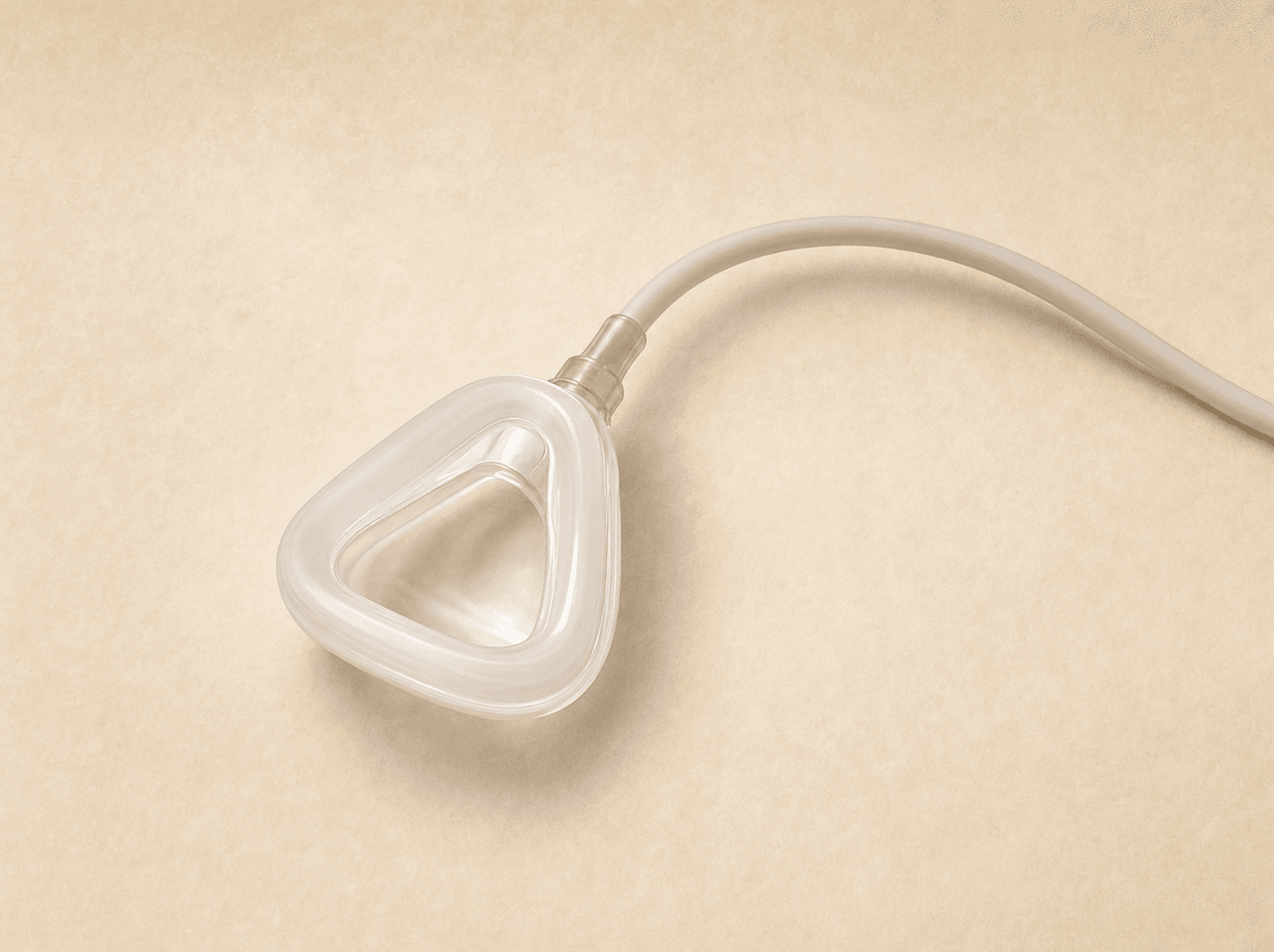Editorial illustration of a small soft nasal mask connected to a thin gas line resting on a plain warm cream surface (nitrous oxide inhalation hood for minimal sedation), warm muted tones