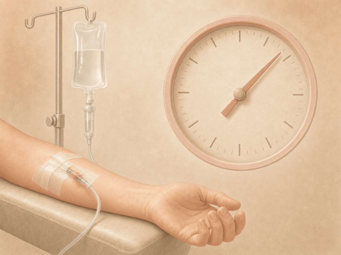 Editorial illustration of an IV line and a clock face marking elapsed time during a sedation case (intravenous moderate sedation), warm muted tones