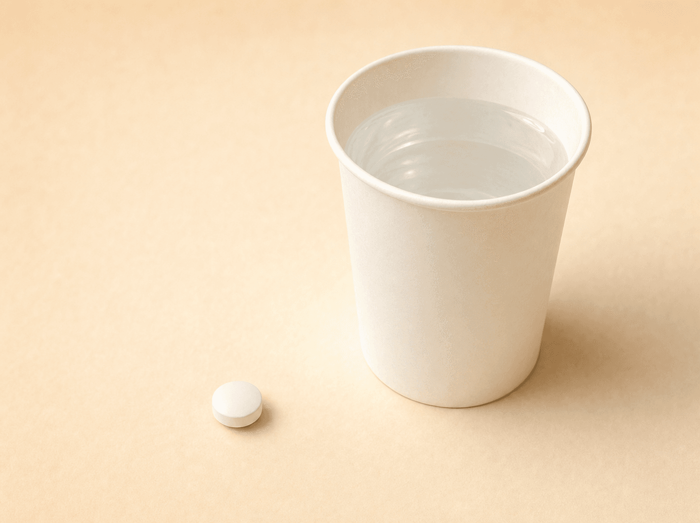 Editorial close-up illustration of a single small white sedation pill next to a paper cup of water on a plain warm cream background, no room or chair visible (single drug enteral minimal sedation), warm muted tones
