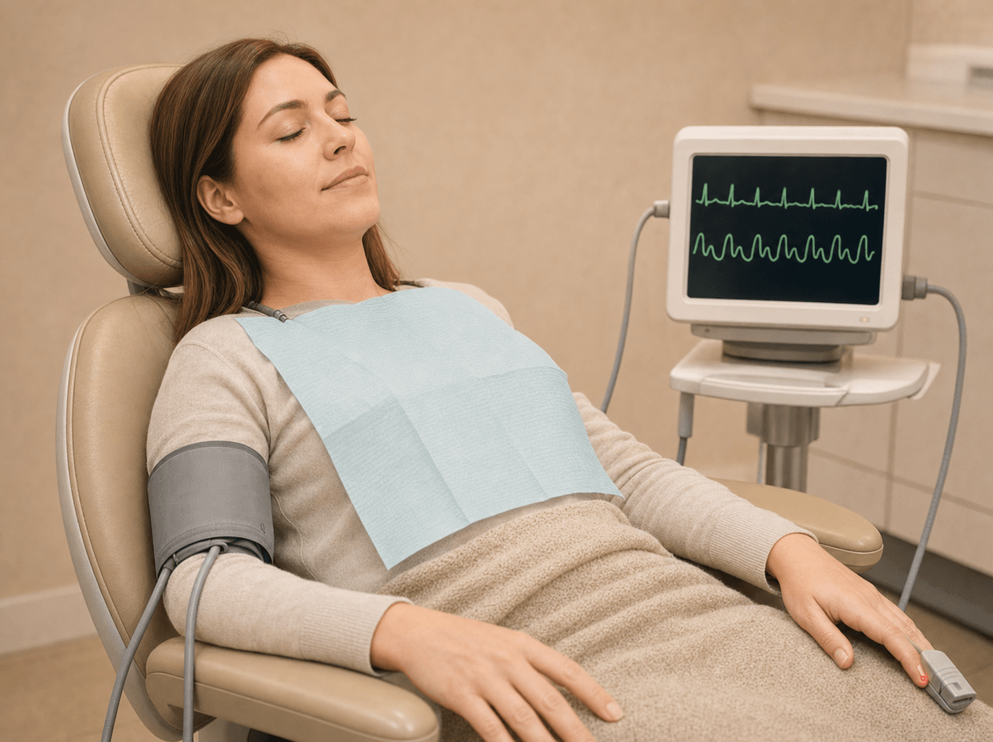 Editorial illustration of a patient reclined in a dental chair with eyes closed, a small red-glowing clip (pulse oximeter) on one finger, a grey blood pressure cuff on the arm, and a bedside monitor displaying green waveform lines, warm muted tones