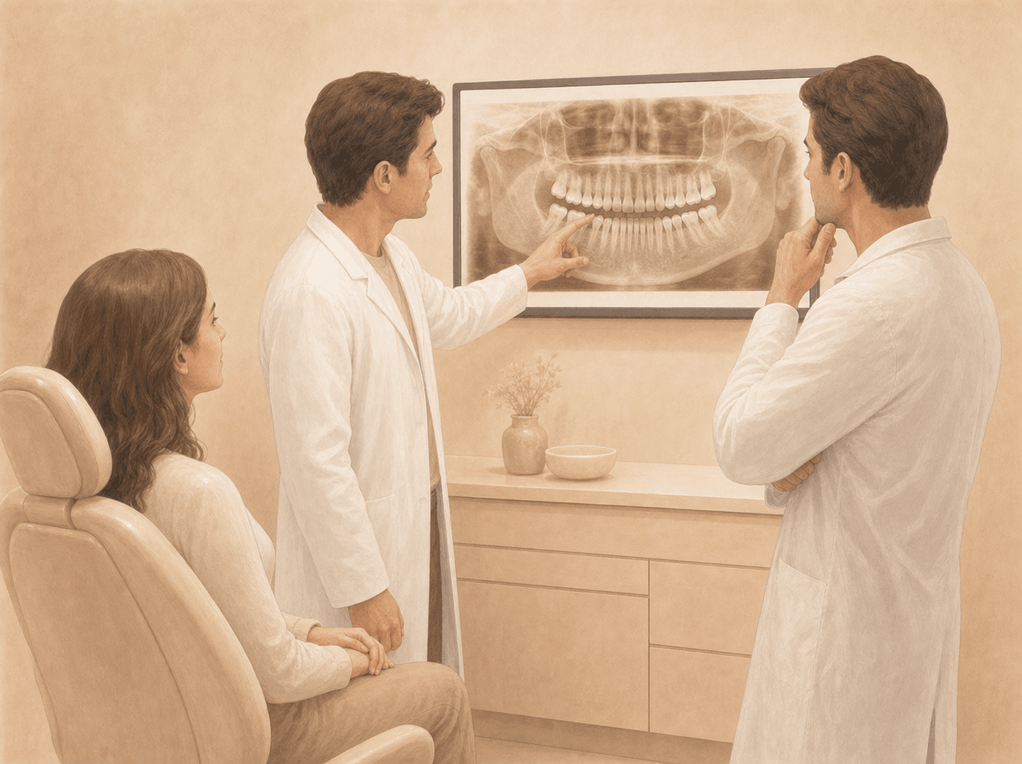 Two dentists in a small consult room reviewing a panoramic radiograph on a wall screen while a patient sits nearby (consultation by a dentist other than the treating dentist), warm muted tones