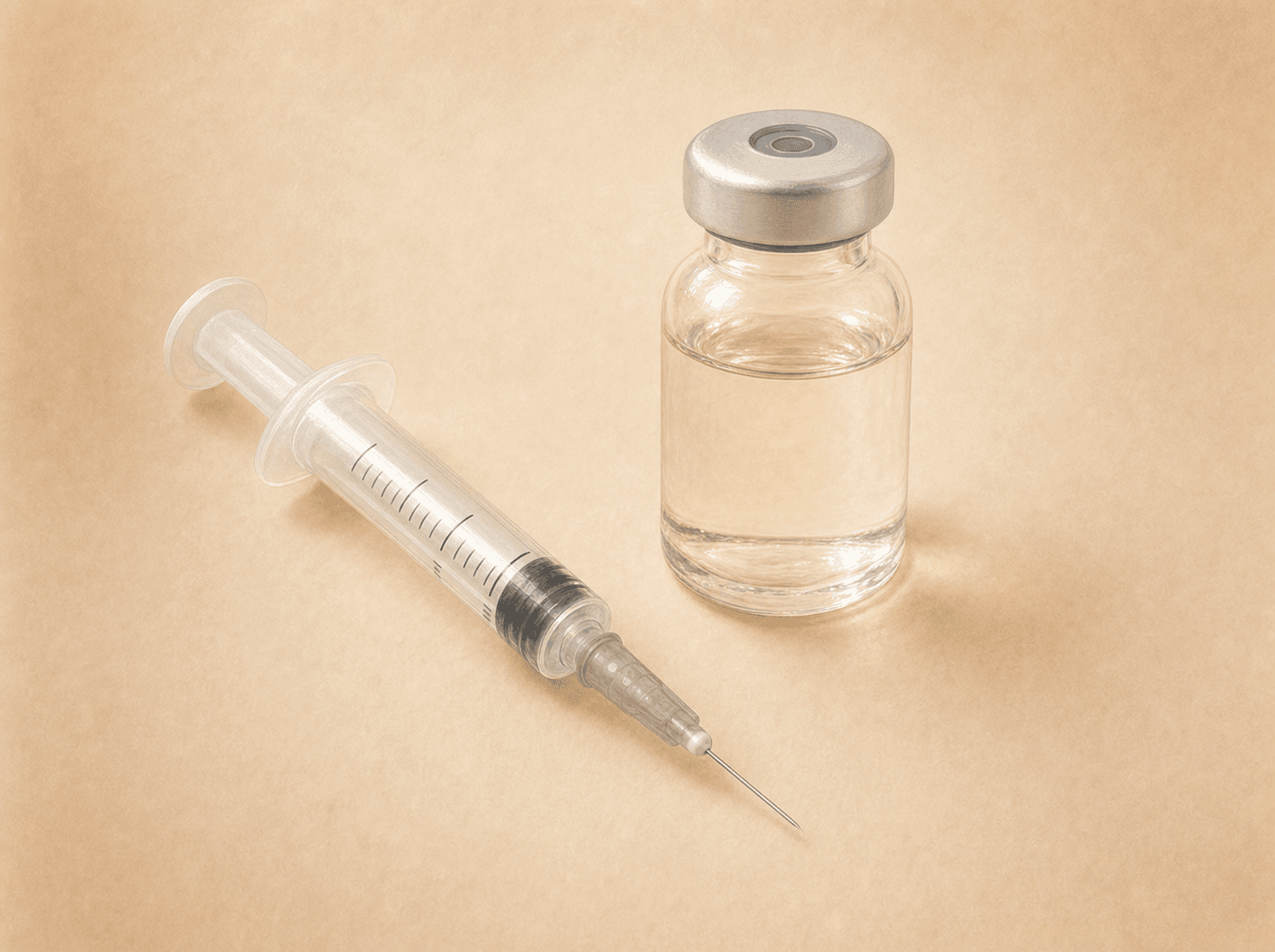 Editorial illustration of a single small syringe and a labeled glass medication vial resting on a plain warm surface (single therapeutic parenteral drug administration), warm muted tones