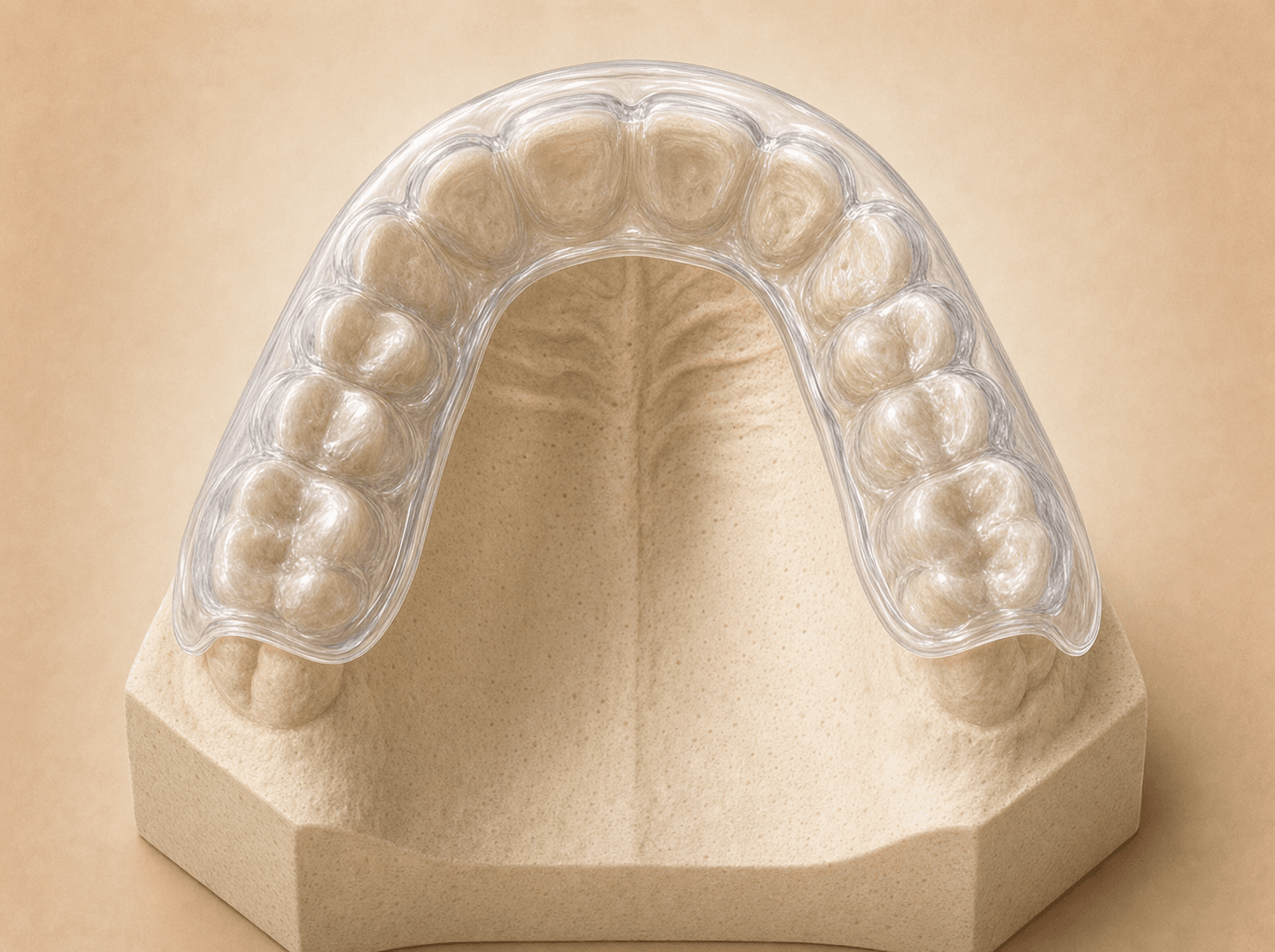 Editorial illustration of a clear custom-fitted athletic mouthguard (sports mouthguard) molded over the upper dental arch on a study model, warm muted tones