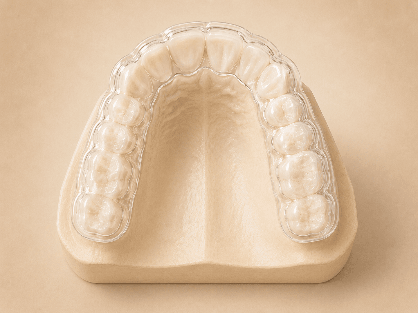 Editorial illustration of a clear hard acrylic full-arch occlusal guard resting on a dental model of the upper arch