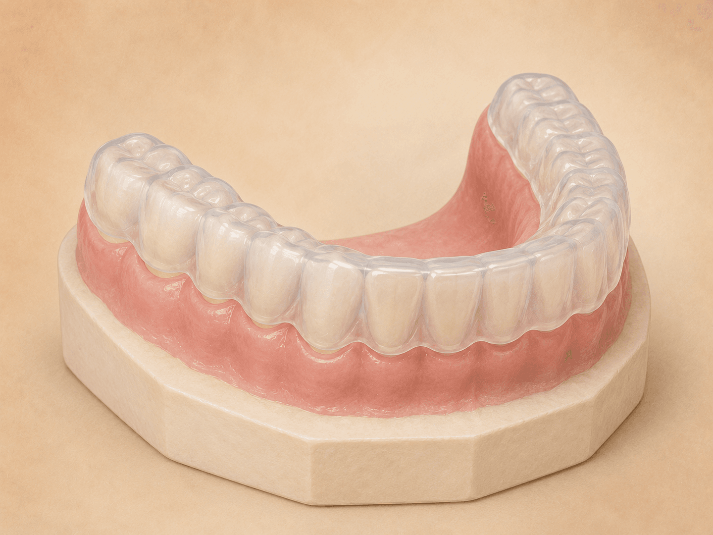 Editorial illustration of a soft thermoplastic full-arch occlusal guard with subtle translucency resting on a dental model of the lower arch