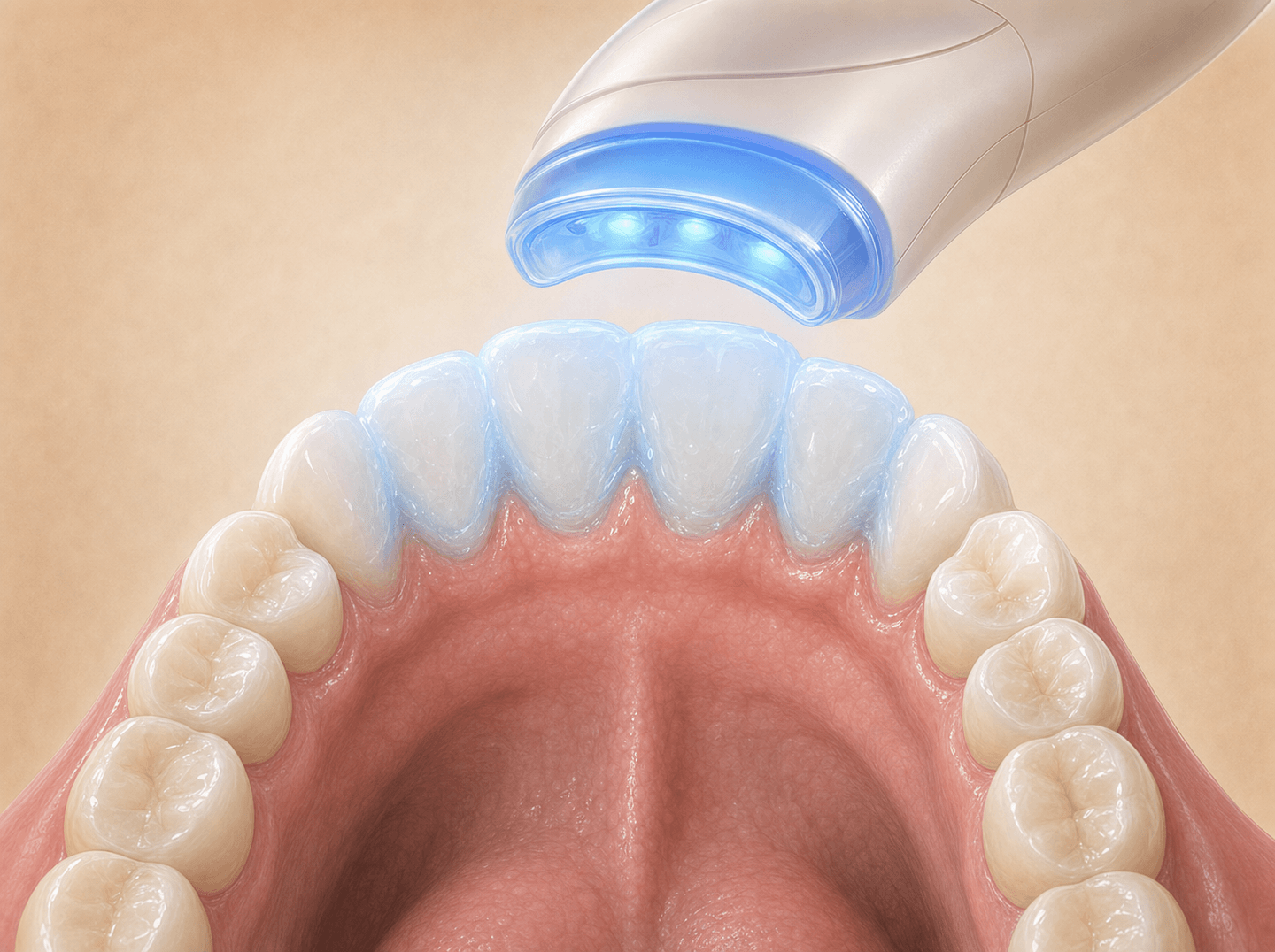 Editorial illustration of an upper dental arch with translucent blue-white gel applied to the front teeth surfaces and a handheld blue LED light (bleaching lamp) positioned overhead, warm muted tones