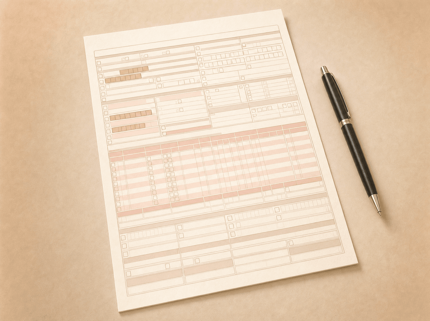 Editorial illustration of a single printed claim form lying flat on a desk beside a pen, a few of its numbered field boxes filled in and outlined (the ADA Dental Claim Form completed field by field), warm muted tones