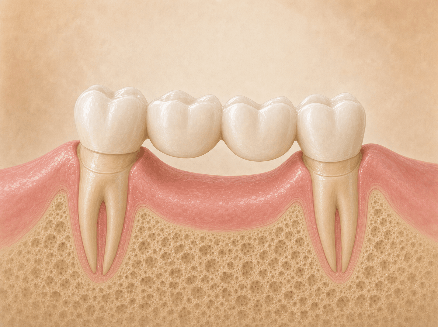 Editorial cross-section illustration of a lower jaw segment holding a four-unit bridge, one white cap seated on a trimmed natural tooth at each end and two replacement teeth between them resting on the gum over a healed gap where two teeth are missing (fixed bridge with two retainer crowns and two pontics)