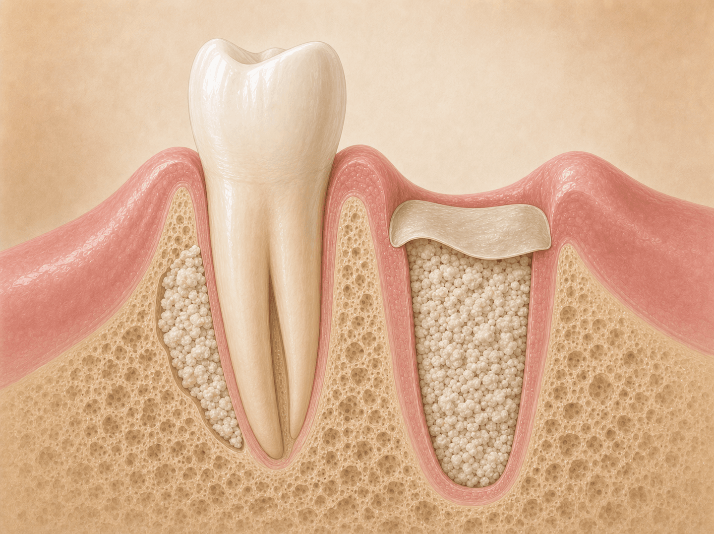 Editorial cross-section illustration of a jawbone segment holding one natural tooth, with granular off-white particles packed into a notch in the bone beside its root and into an empty tooth socket next to it, the filled socket covered by a thin tan sheet (bone grafts at a periodontal defect and at an extraction site, with a barrier membrane)