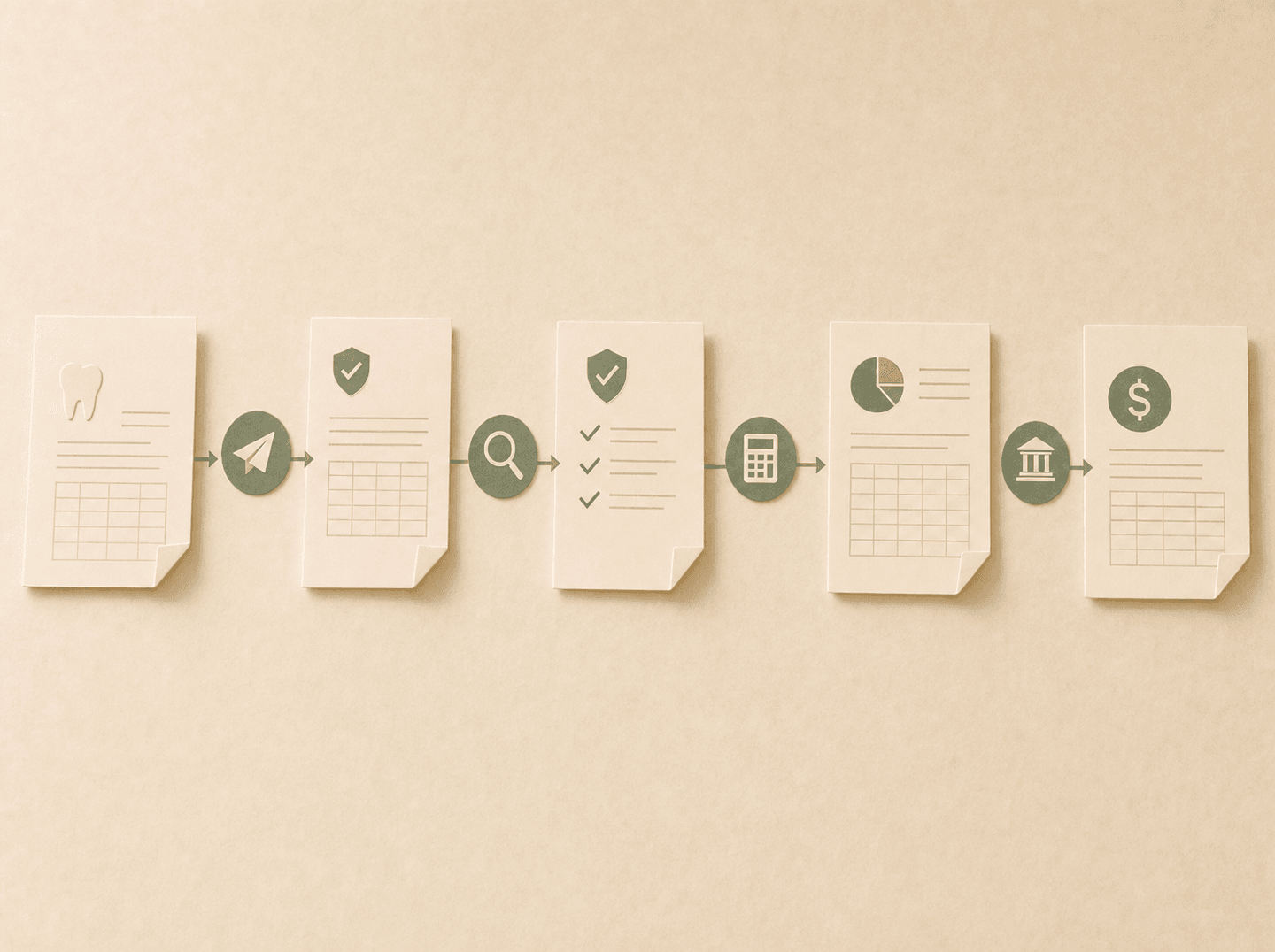 Editorial illustration of a dental claim form and an explanation-of-benefits statement arranged in a row on a ledger surface (the dental billing process from submitted claim to posted payment), warm muted tones