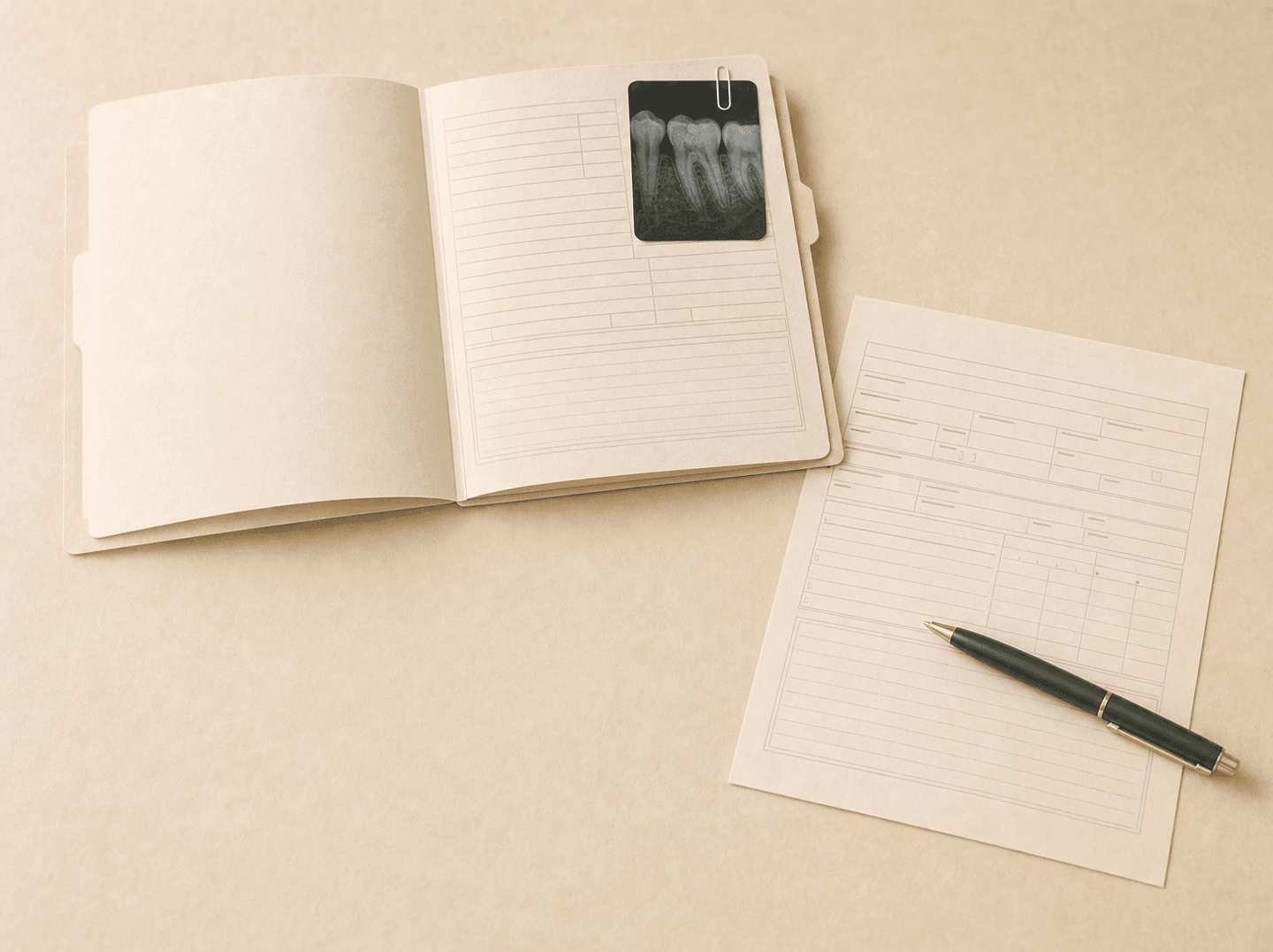Editorial illustration of a printed claim form with a pen resting across its lined notes box, beside an open manila patient chart with a small dental x-ray film clipped to the page (a dental insurance claim with a written narrative and supporting attachments), warm muted tones