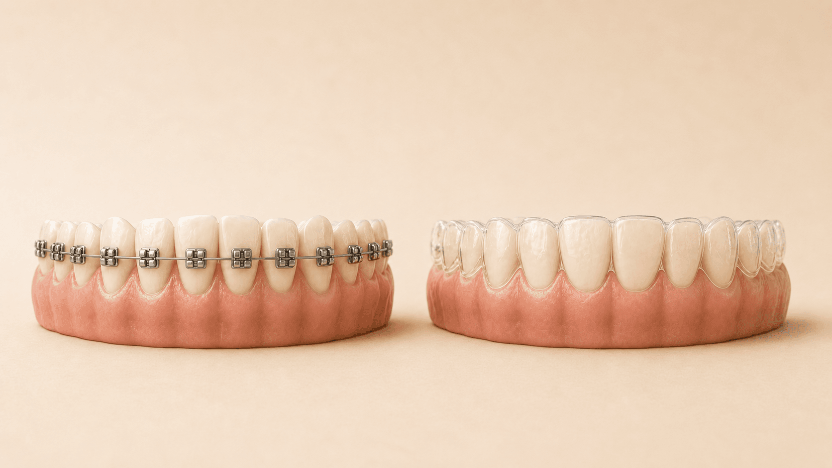 Two dental arches side by side against a warm background: the left arch wears metal brackets bonded to the front of each tooth and joined by an archwire (fixed braces); the right arch is fitted with a clear removable tray (clear aligner). Contrasts the two orthodontic treatment types an ortho case is billed under