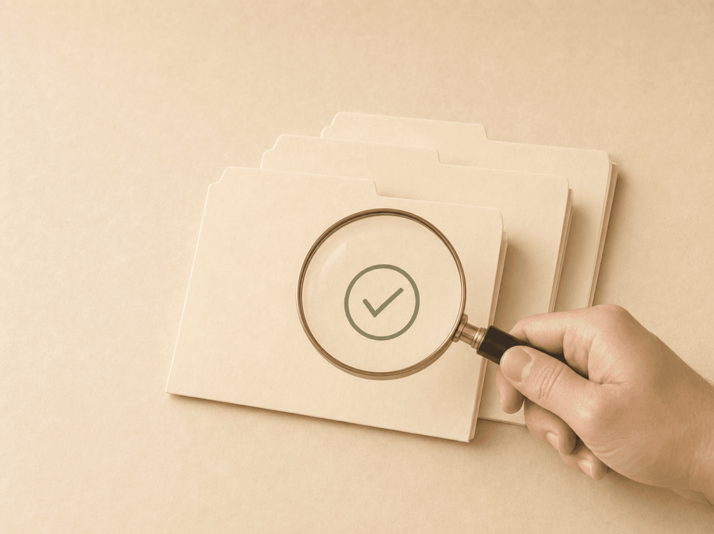 Editorial illustration of a magnifying glass held over one of three stacked service folders on a desk, the front folder marked with a check (evaluating and choosing a dental billing company), warm muted tones