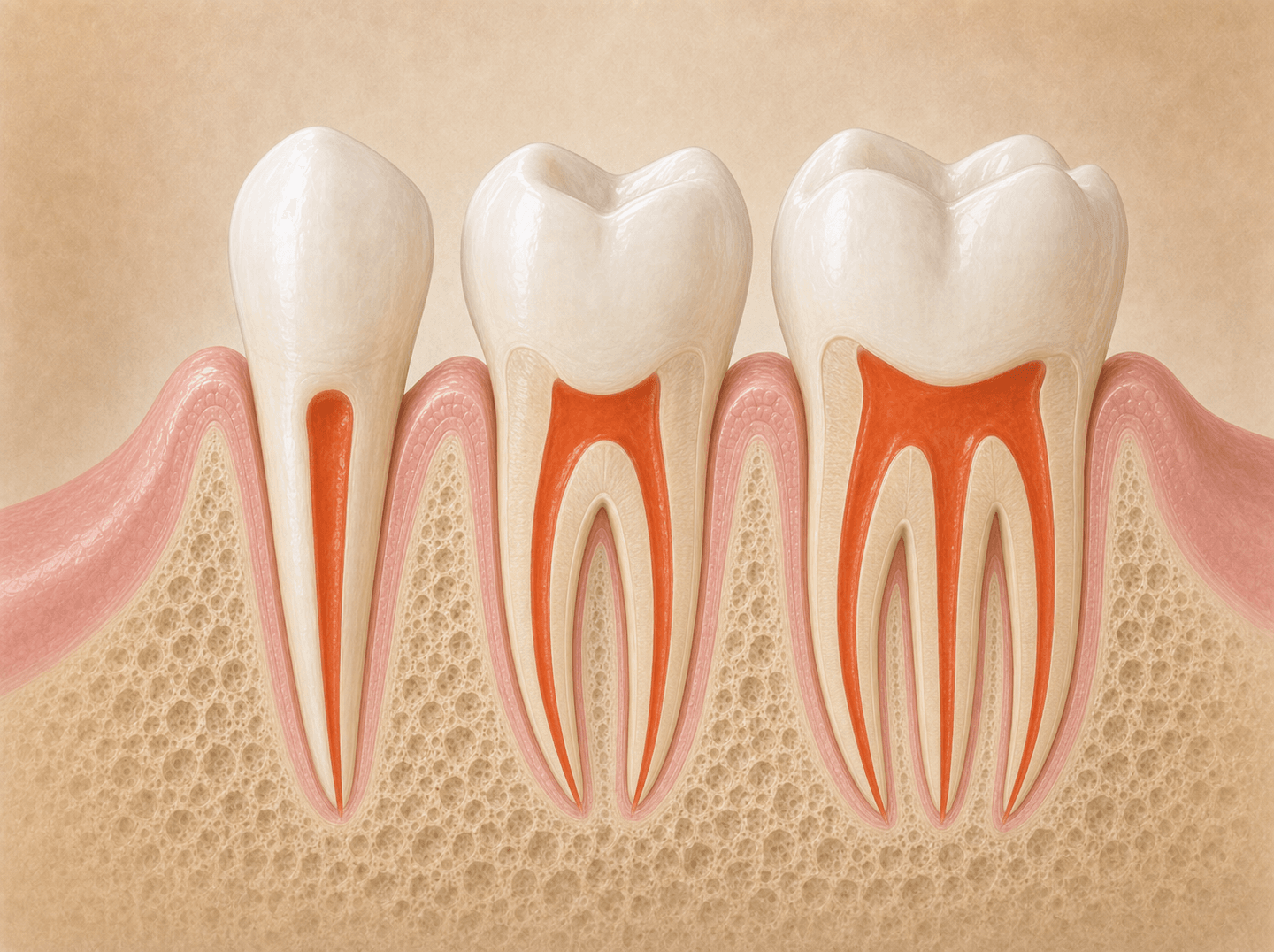 Editorial cross-section illustration of three teeth standing side by side in gum and bone, a single-rooted front tooth, a two-rooted premolar, and a three-rooted molar, each with a solid opaque orange-red vertical fill running the length of every canal (root canal therapy on an anterior, premolar, and molar tooth)