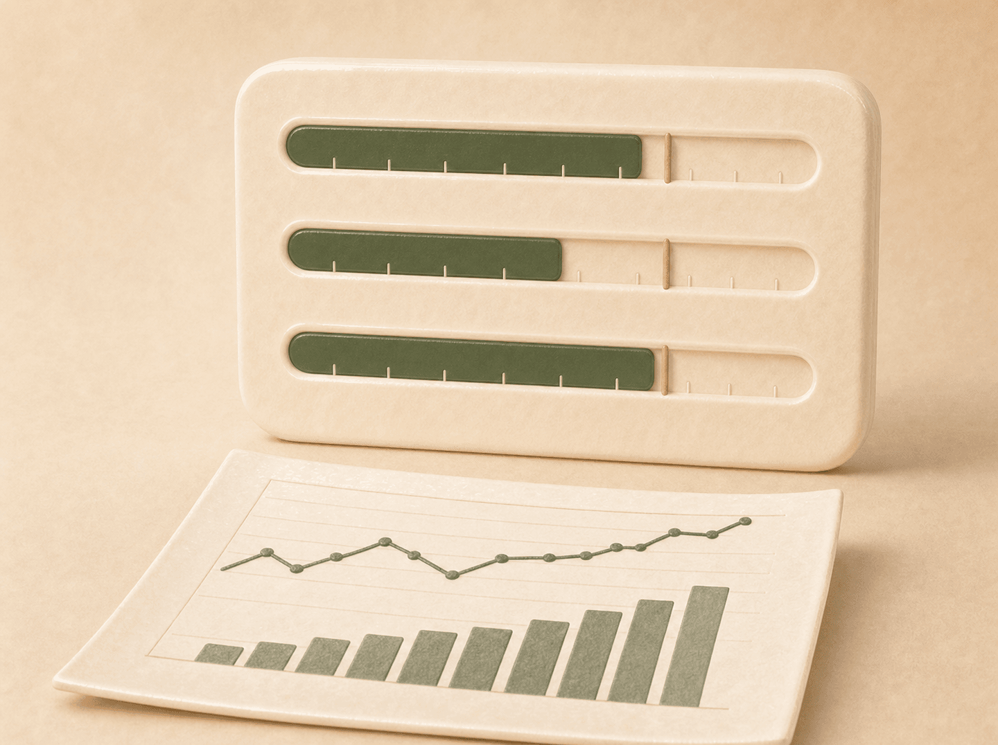 Analytics scoreboard scene: three horizontal gauge bars filled in deep forest green to different lengths toward tick marks, above a printed report with a green line chart and bar chart, on a soft cream background with one small terracotta accent (dental practice financial health: collections, receivables, aging)
