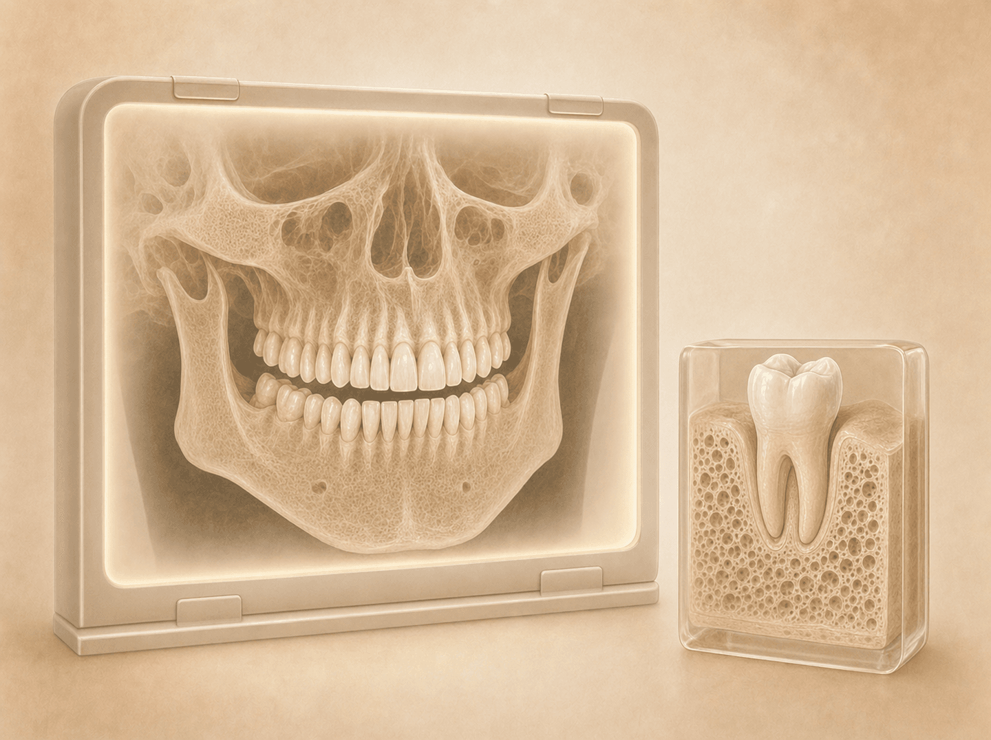 A reconstructed three-dimensional volume of the upper and lower jaws on a backlit viewer, with a smaller focused block of bone around a single molar shown beside it, contrasting a large field of view with a limited one (cone beam computed tomography)