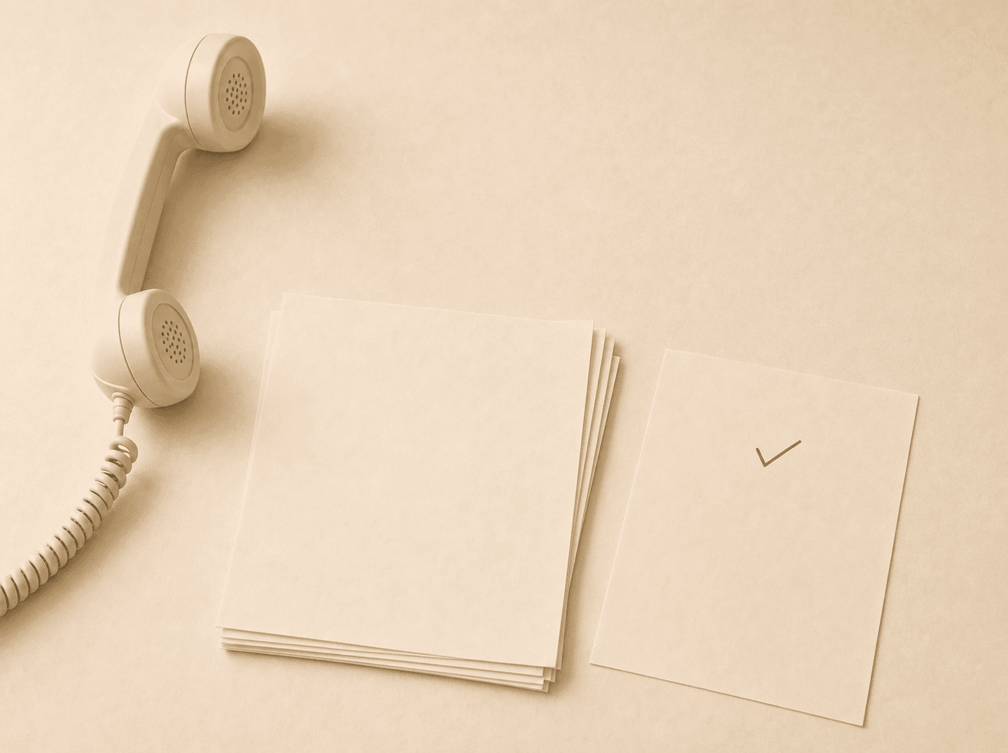 Editorial illustration of a telephone handset resting beside a short stack of blank forms on a desk, with one blank form set apart and marked with a single checkmark (comparing dental insurance verification companies), warm muted tones