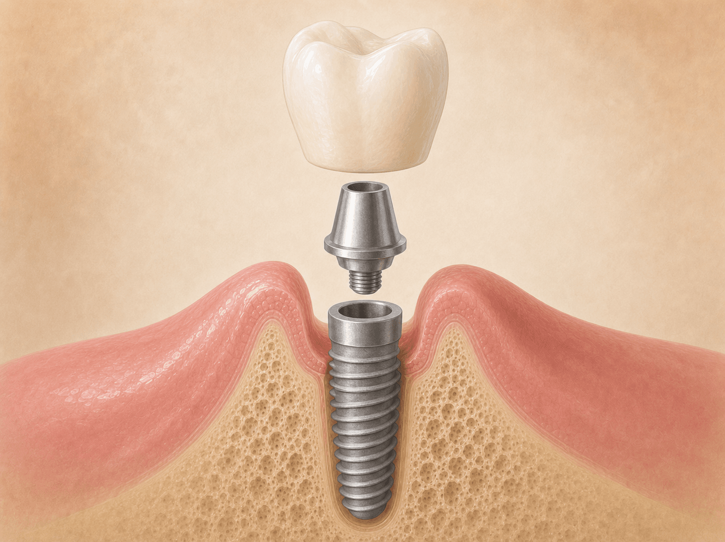Editorial cross-section illustration of a vertical titanium-grey threaded post seated in jawbone where a molar root used to be, a short metal connector post above it, and a tooth-colored crown floating just above that, the three pieces slightly separated so each layer reads on its own (implant body, abutment, and implant crown)