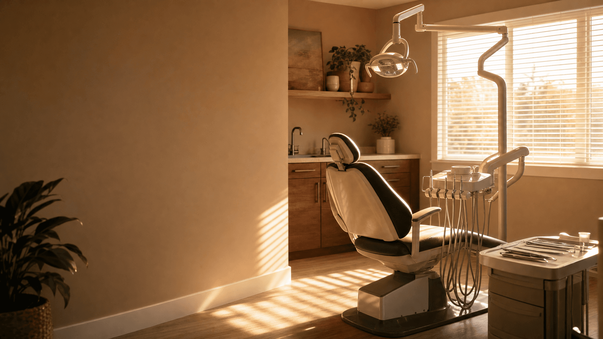 A dental operatory in the morning, sunlight through the blinds