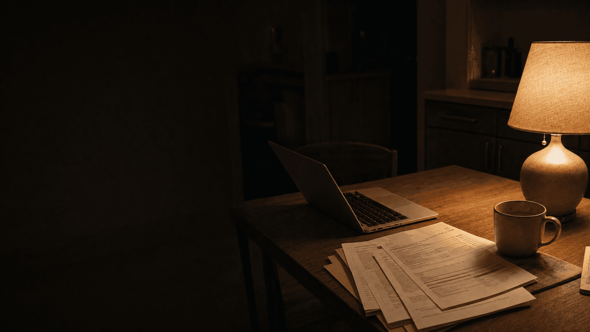 A kitchen table at night with a laptop, insurance paperwork, and one lamp on