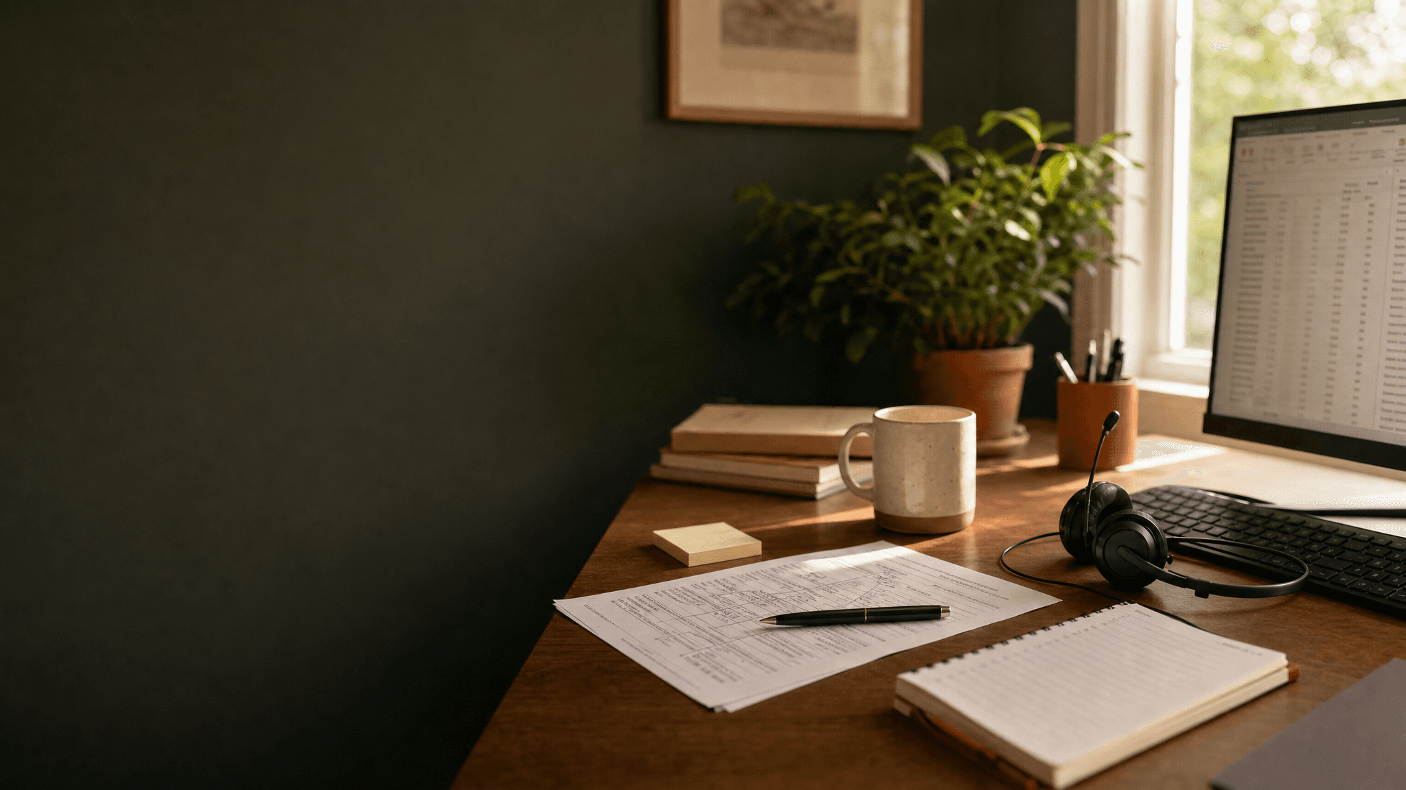 A biller's desk in daylight with a marked-up claim, headset, notepad, and coffee
