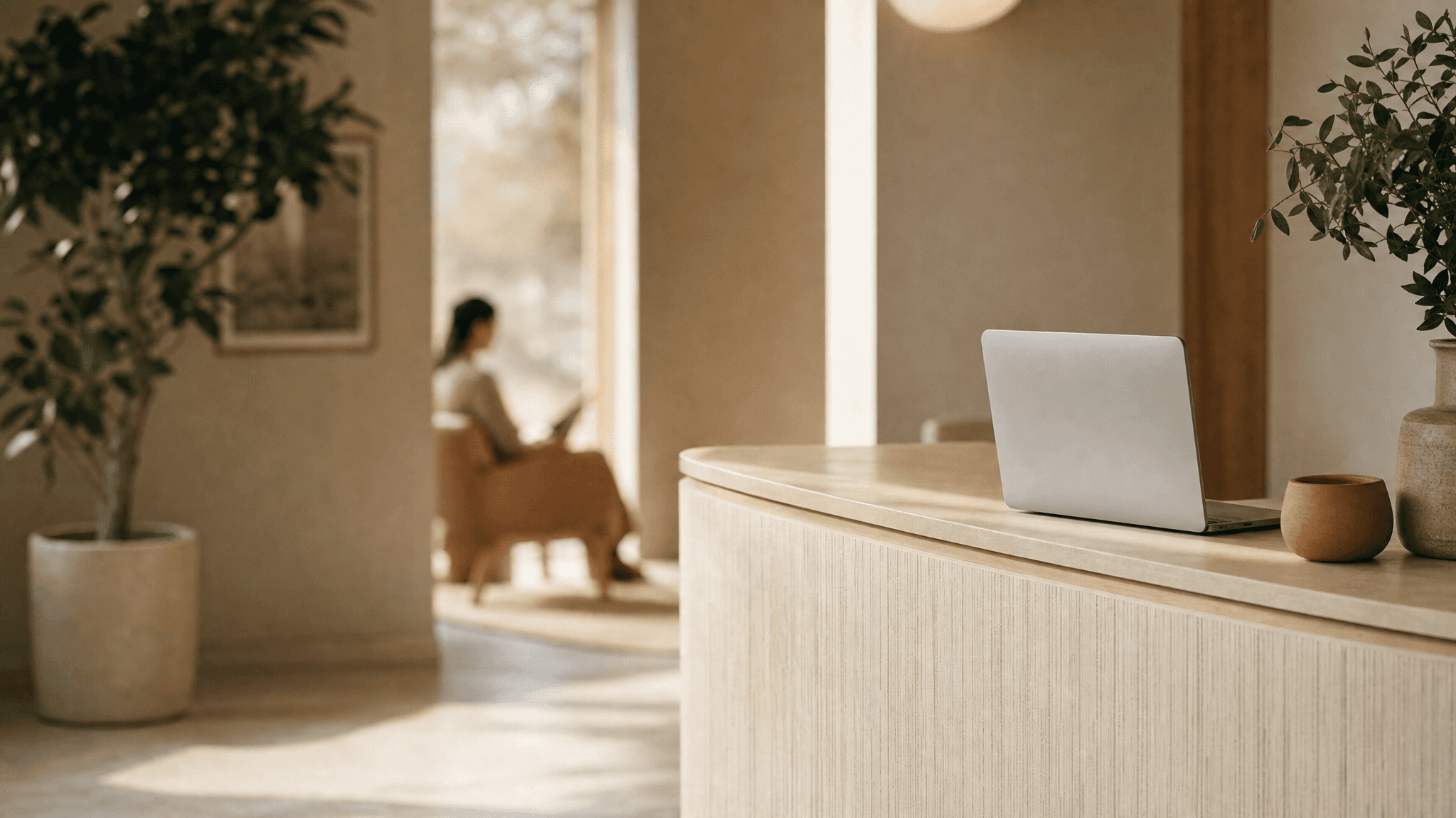 A dental practice front desk in soft daylight